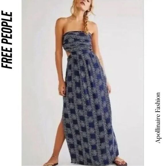 FREE PEOPLE PEYTON MAXI DRESS SIDE SLITS IN NAVY COMBO NWOT LARGE - Picture 3 of 8
